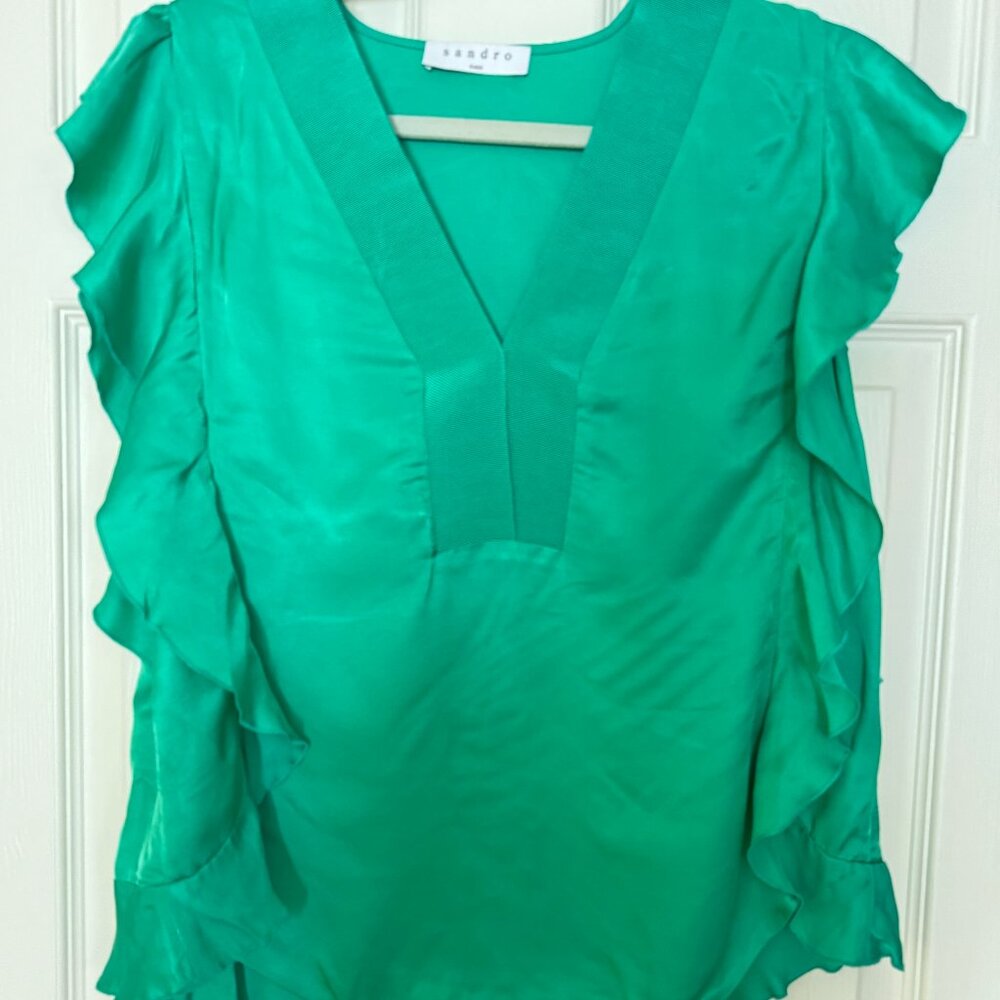 SANDRO Flowy Silk/Satin Ruffled Sleeve V-Neck Top in Beautiful Green Color Sz 2